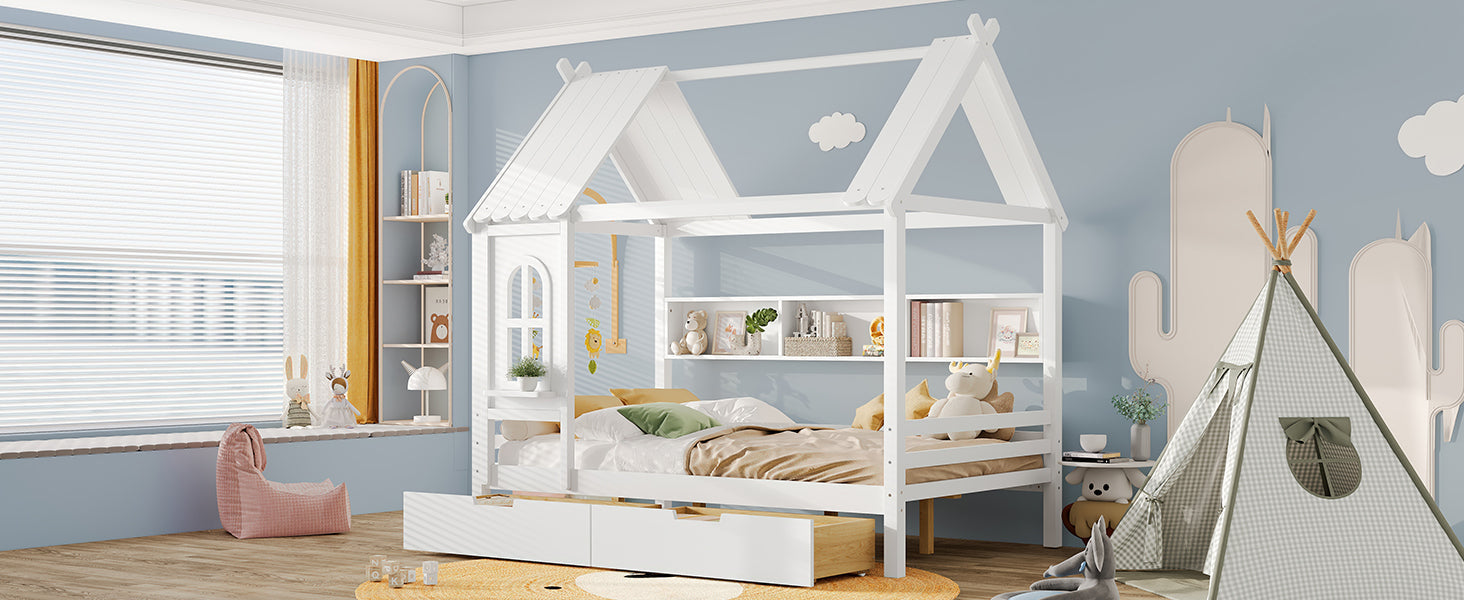 Full house Beds with Storage Drawers and Window, Solid Wood House Platform Bed Frame with shelves, for Kids, Girls, Boys, No Spring Box Needed and Childlike Design, White