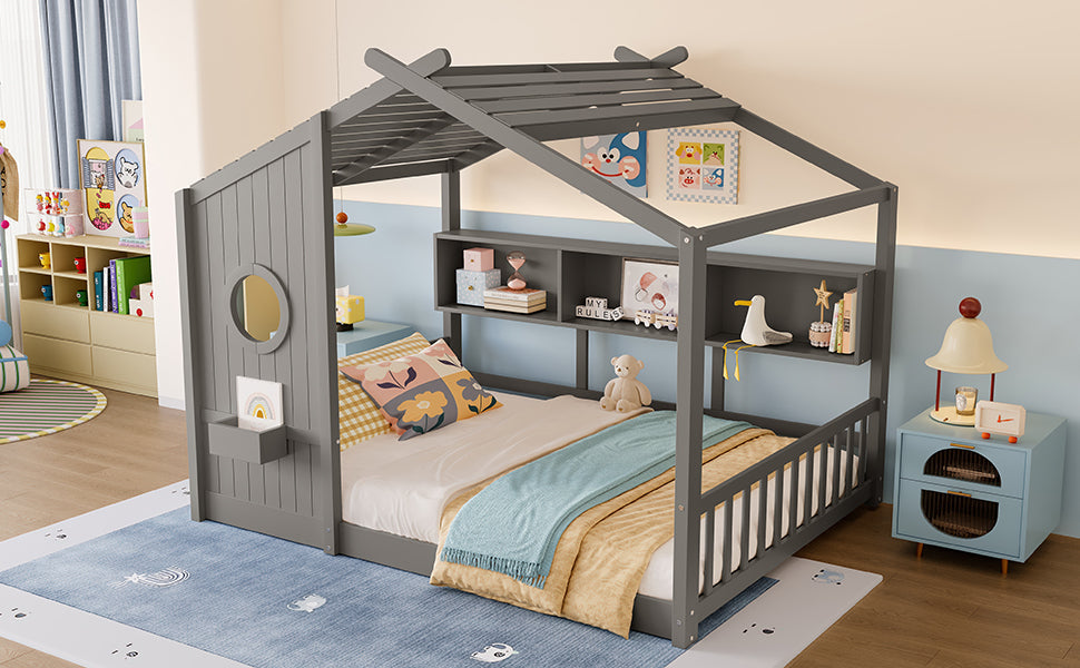 Full Size Floor House Bed for Toddler, Kids Montessori Bed  with Storage Shelf, Playhouse Bed with Roof Design, Gray