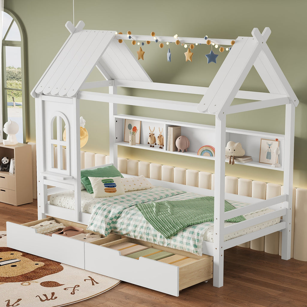 Twin house Beds with Storage Drawers and Window, Solid Wood House Platform Bed Frame with shelves, for Kids, Girls, Boys, No Spring Box Needed and Childlike Design, White