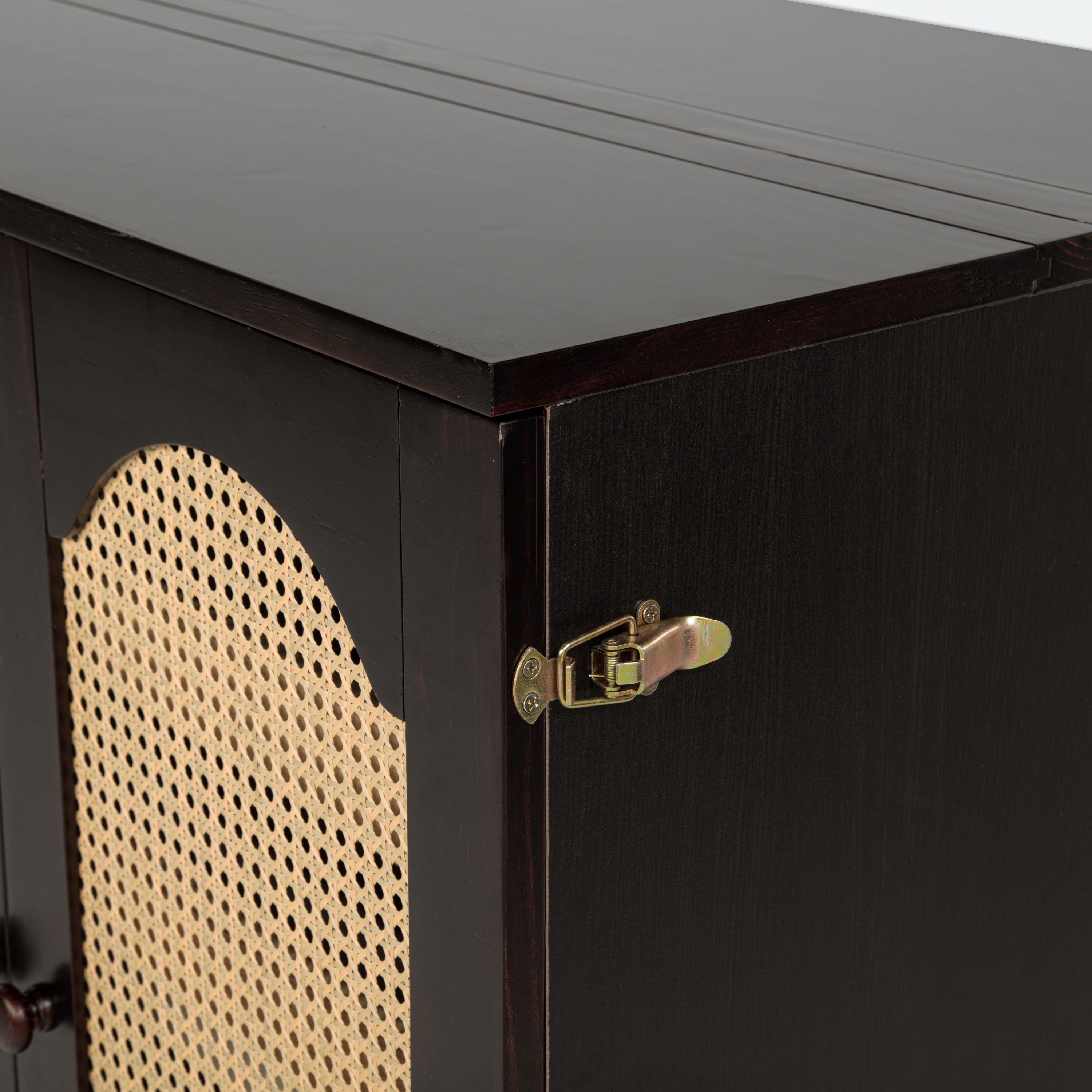 Queen Size Murphy Bed, Pine Wood Cabinet Bed with Power Station and Rattan Decoration Panel,Espresso