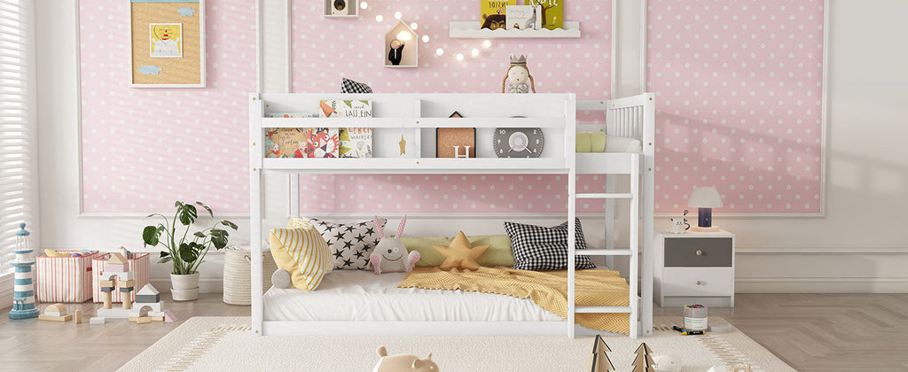 Low Twin Over Twin Bunk Bed, Floor Bunk Bed with Ladder, Solid Wood Twin Bunk Bed for Kids & Juniors, White(Expect Arrival Date 2025/11/25)