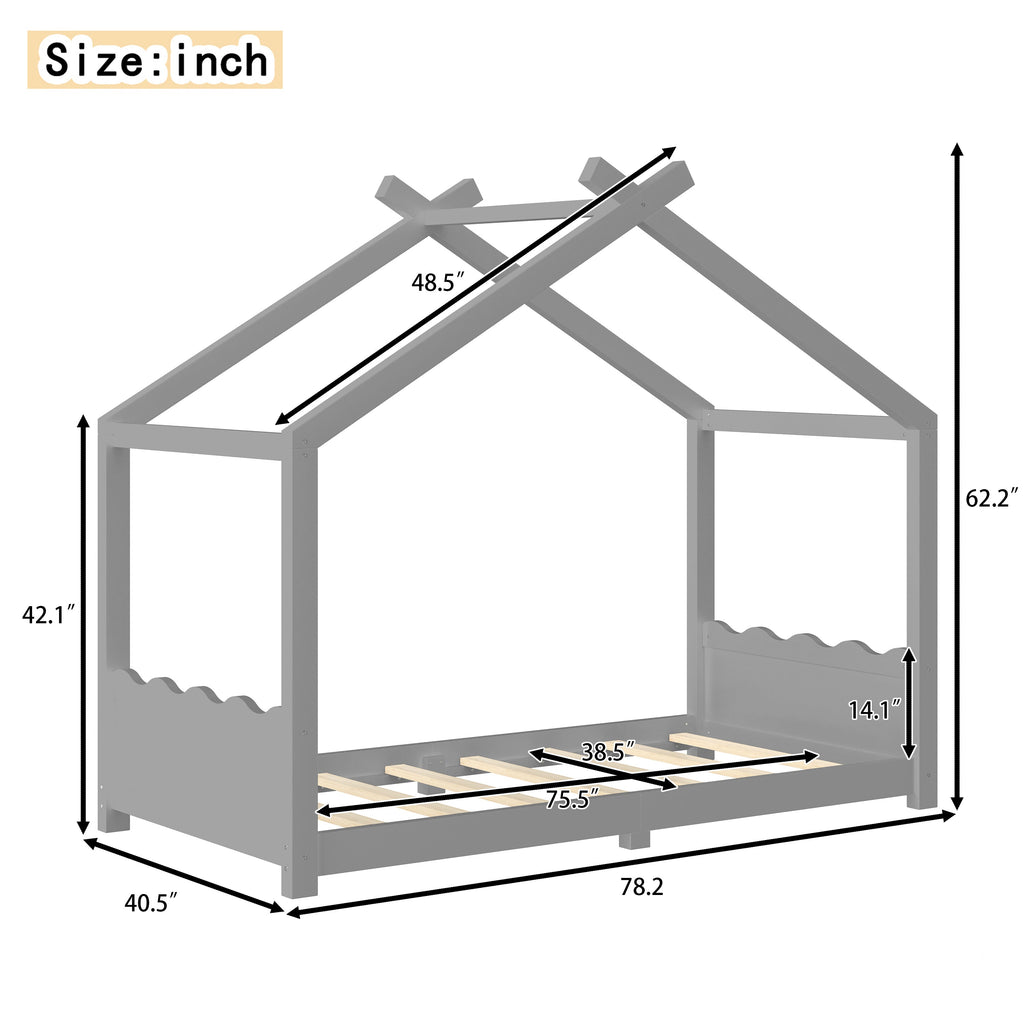 Twin House Floor Bed with Support Slats, Solid Wood House Bed Frame for Kids, No Box Spring Needed and Opening Constructure, Gray