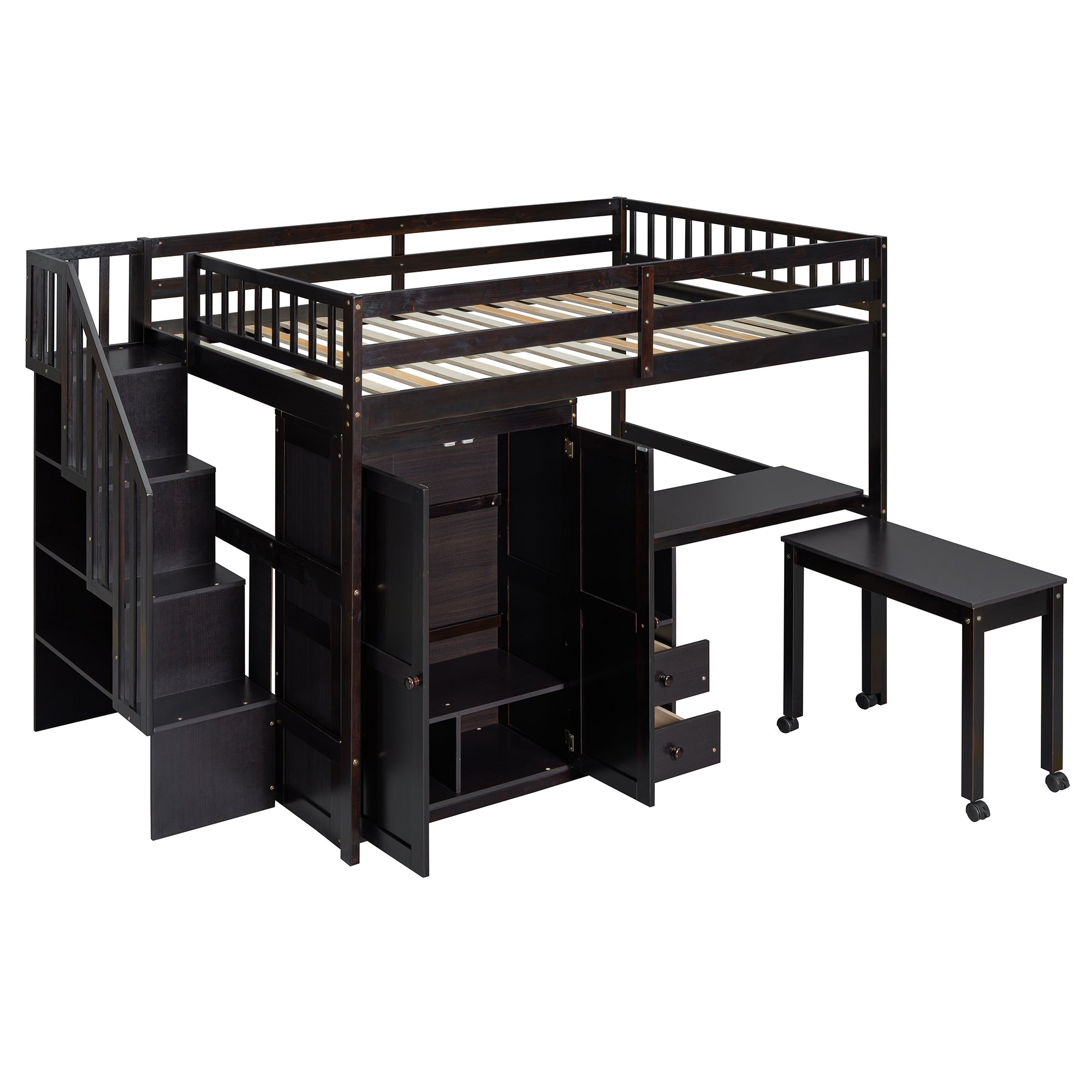 Full Size Loft Bed with Stairs, Bookshelf, Drawers, Desk & Wardrobe – Space-Saving Multifunctional Furniture for Kids & Teens-Espresso