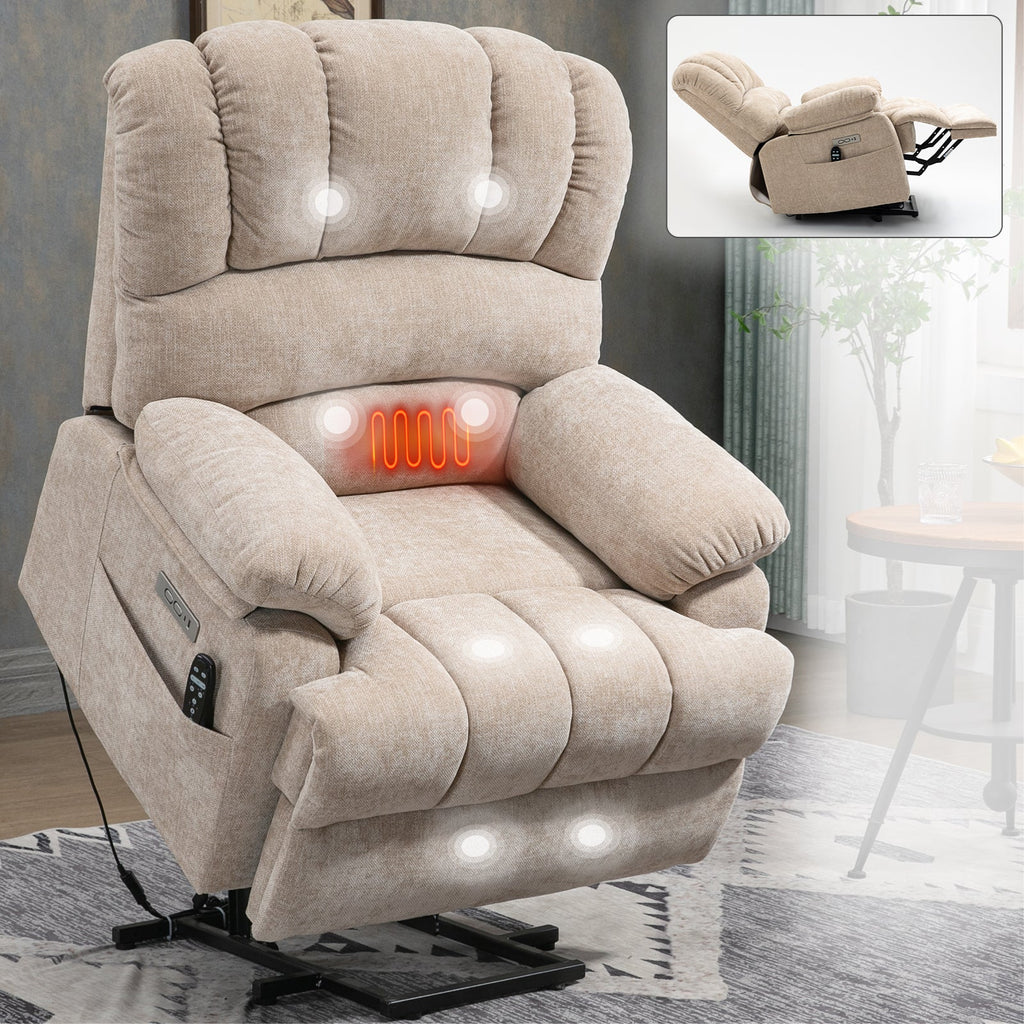 23' Seat Width and High Back Large Size Beige Chenille Power Lift Recliner Chair with 8-Point Vibration Massage and Lumbar Heating