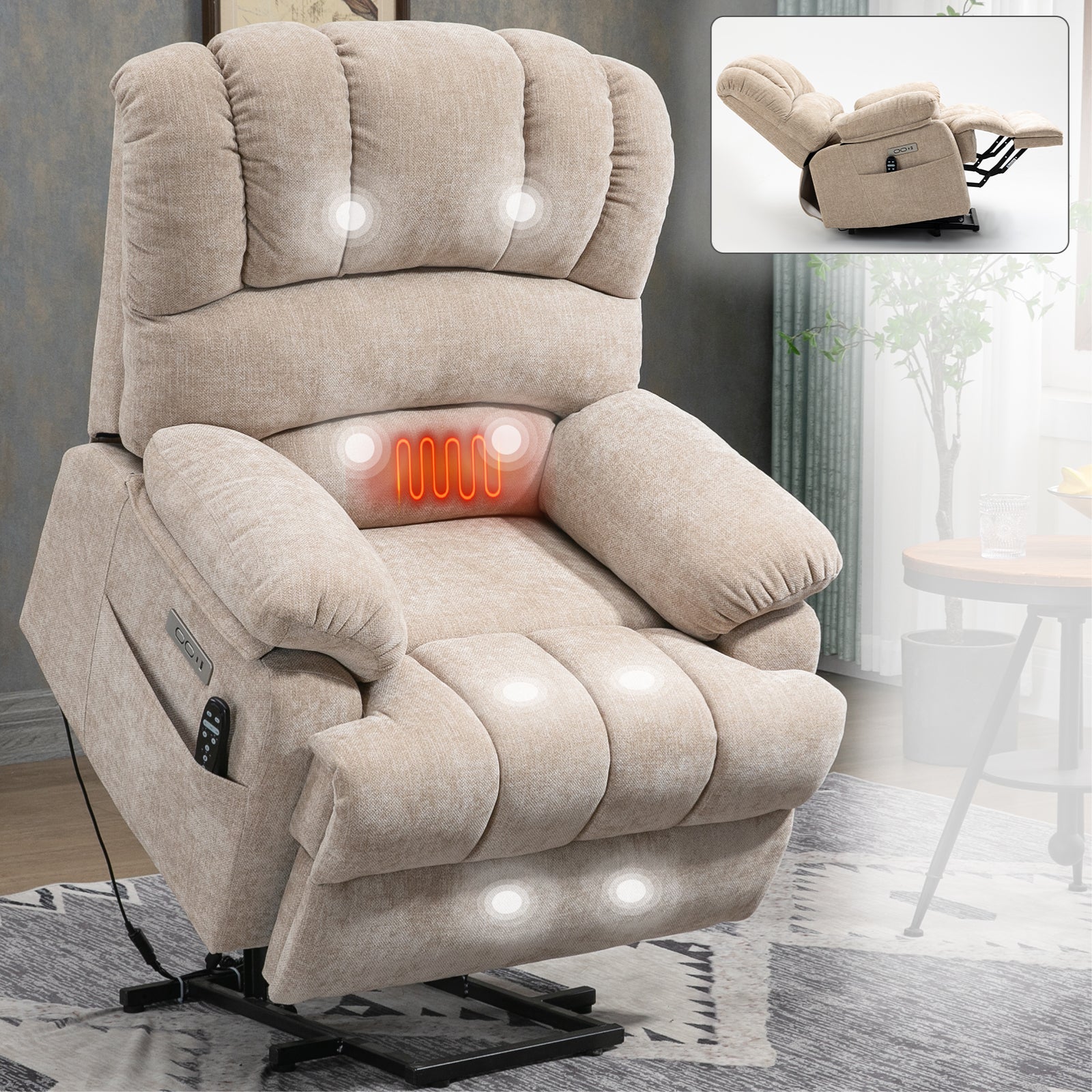 23' Seat Width and High Back Large Size Beige Chenille Power Lift Recliner Chair with 8-Point Vibration Massage and Lumbar Heating
