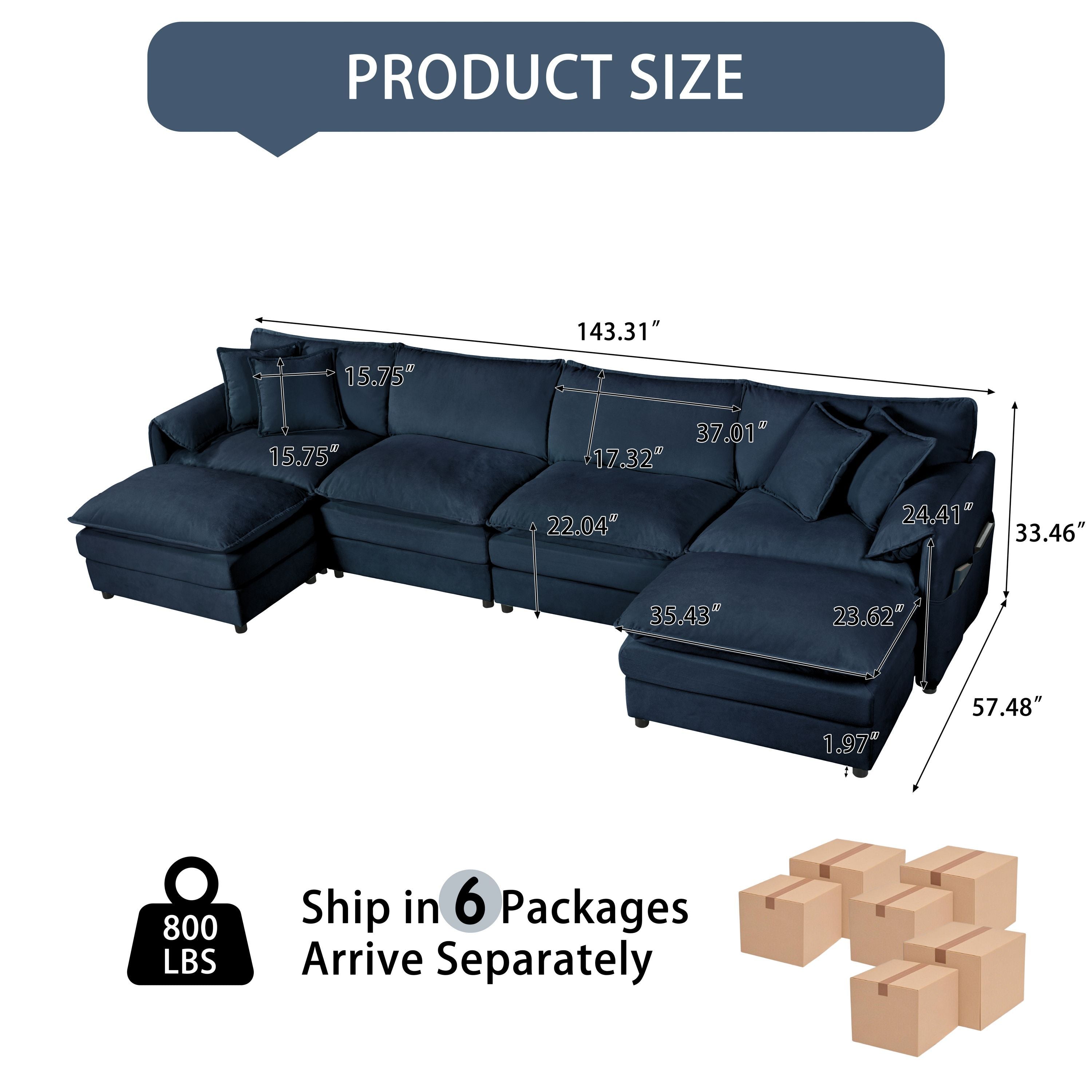 Modular Sectional Sofa, Oversized Deep Seat U Shaped Couch Set for Living Room, 4-Seater Comfy Cloud Couches with Two Movable Ottomans, DIY Combination, Chenille,Blue