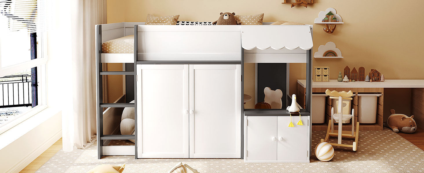 Full Loft House Bed with Playhouse & Storage, Modern Wood Cabin Bed for Kids/Teens, White+Gray