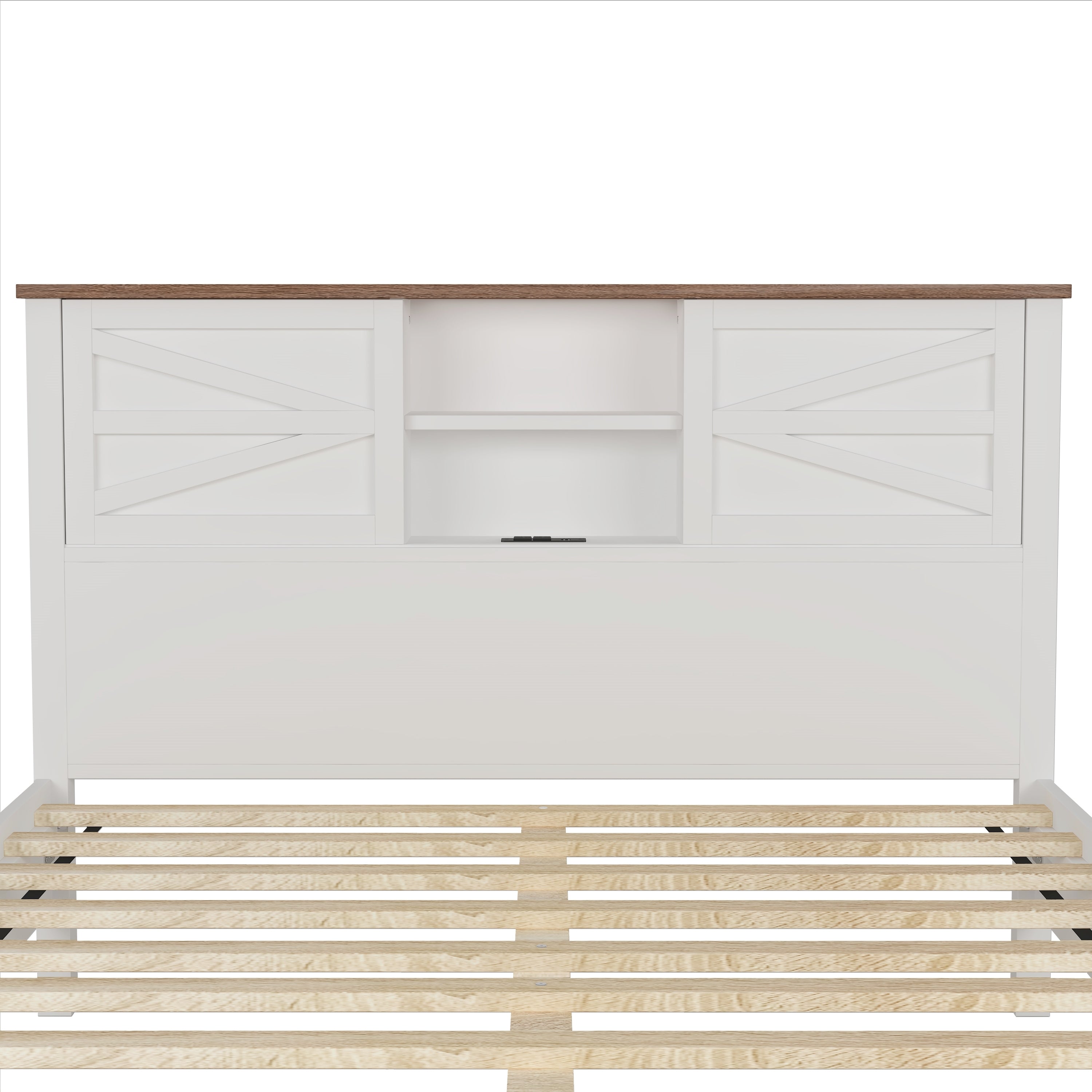 3-Pieces Bedroom Sets Queen Size  Farmhouse Platform Bed with Double Sliding Door Storage Headboard, Storage Nightstand and Dresser, White+Brown(Old SKU HL000092AAK)