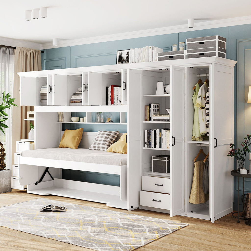 Twin Size Murphy Bed Wall Bed with Wardrobe, Cabinet and Desk, White