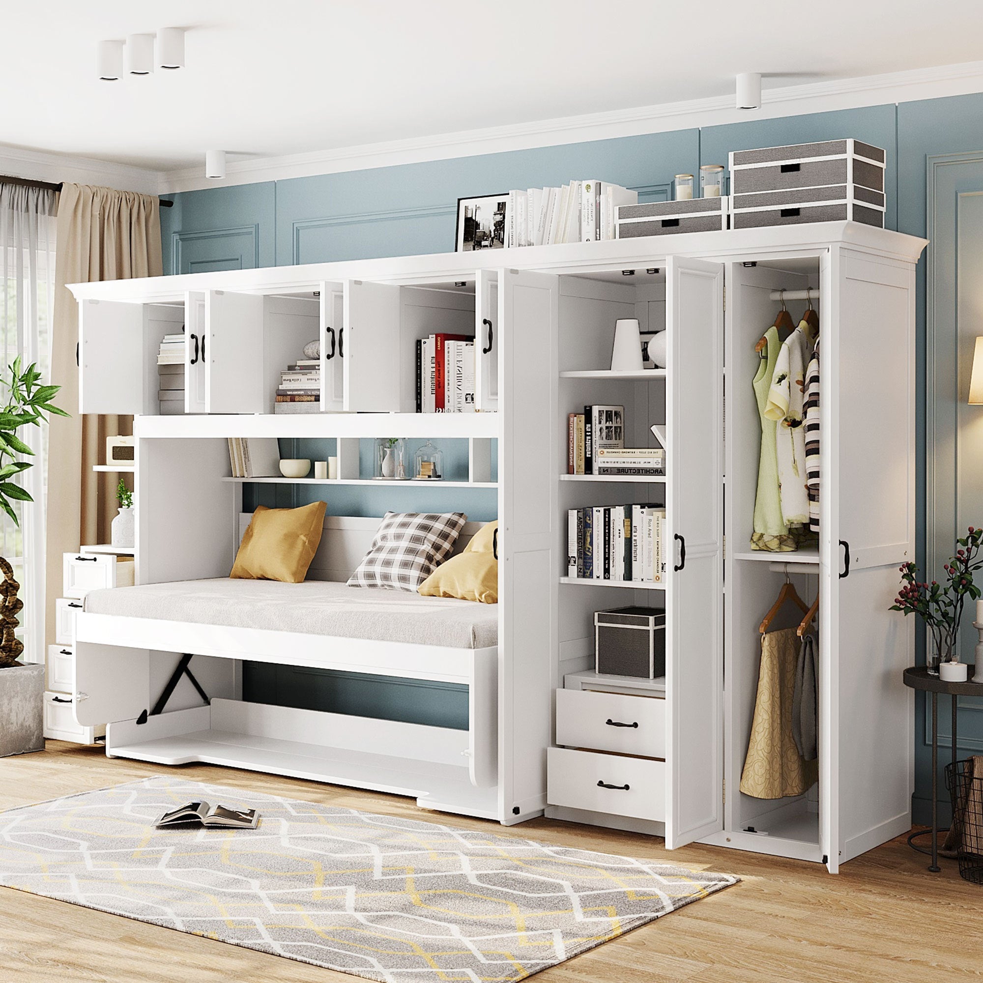 Twin Size Murphy Bed Wall Bed with Wardrobe, Cabinet and Desk, White