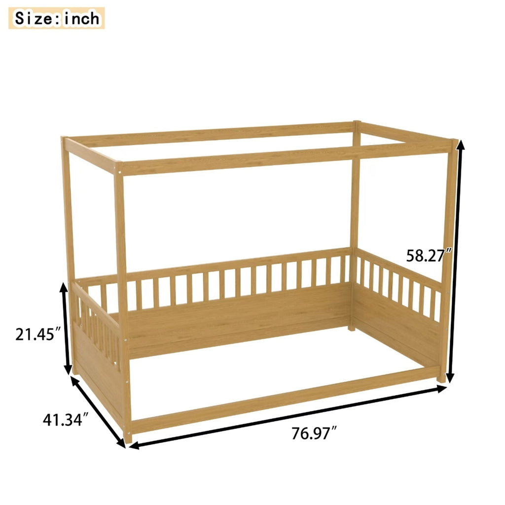 Twin Size Canopy Bed Frame with Guardrails for Kids,Floor Bed Twin with Four Poster Design,Kids Montessori Floor Bed,Wood Canopy Bed Frame for Girls,Boys(Twin,Natural)