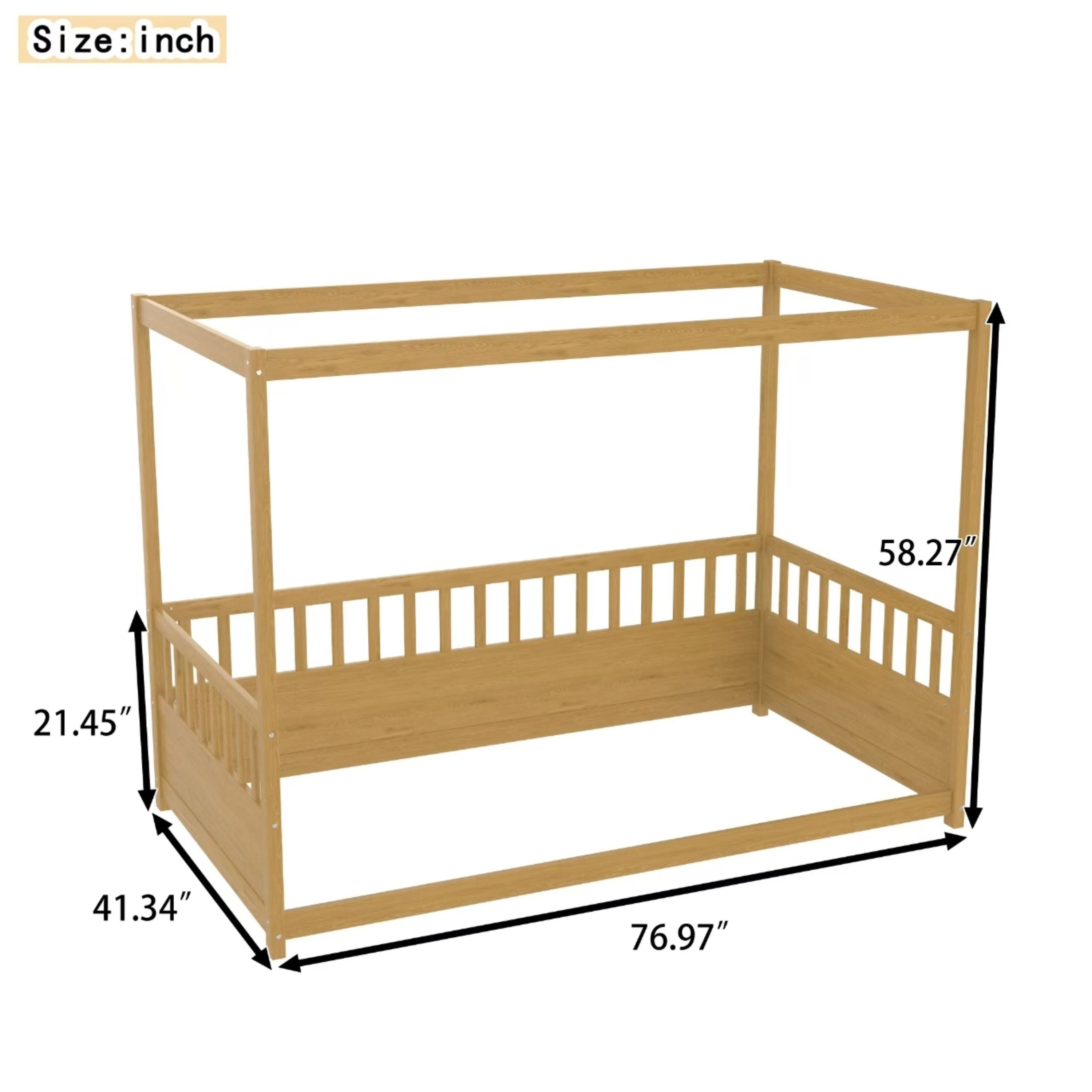Twin Size Canopy Bed Frame with Guardrails for Kids,Floor Bed Twin with Four Poster Design,Kids Montessori Floor Bed,Wood Canopy Bed Frame for Girls,Boys(Twin,Natural)