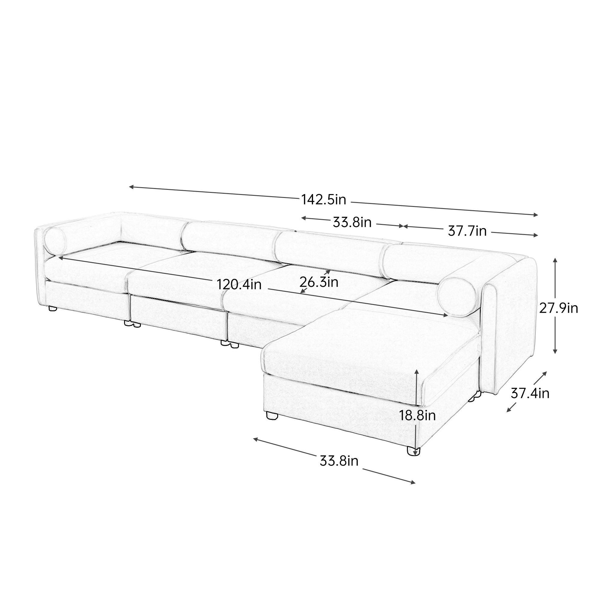 Modular Sectional Sofa with Storage, Cylindrical Backrest and Armrests Deep Comfortable Seating,Durable and Supportive for Living Room,4 Seat L- Shaped Sofa, White