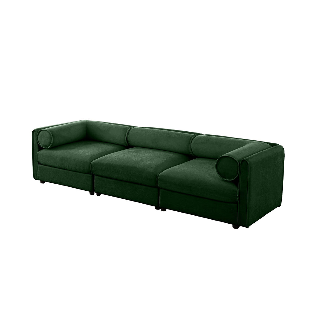 Elegant Green Chenille  Sofa with Storage Seat, Cylindrical Backrest and Armrests, Contemporary 3-Seater Fabric Couch with Hidden Storage Compartment