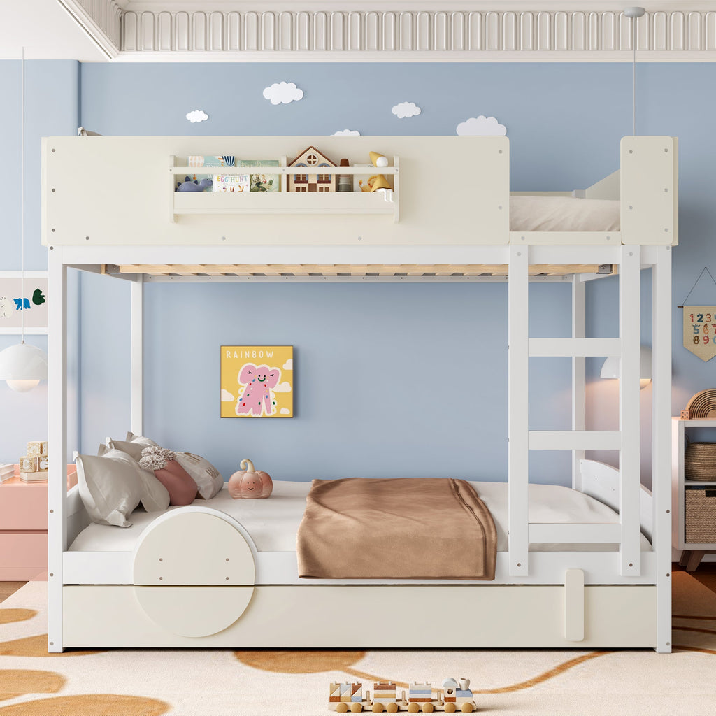 Queen Bunk Bed with Trundle , Wood Bunk Bed Frame with Built-in Bookshelf and High-quality Safety Guardrail,Automobile Form Design for Kids ,White＆ Beige.