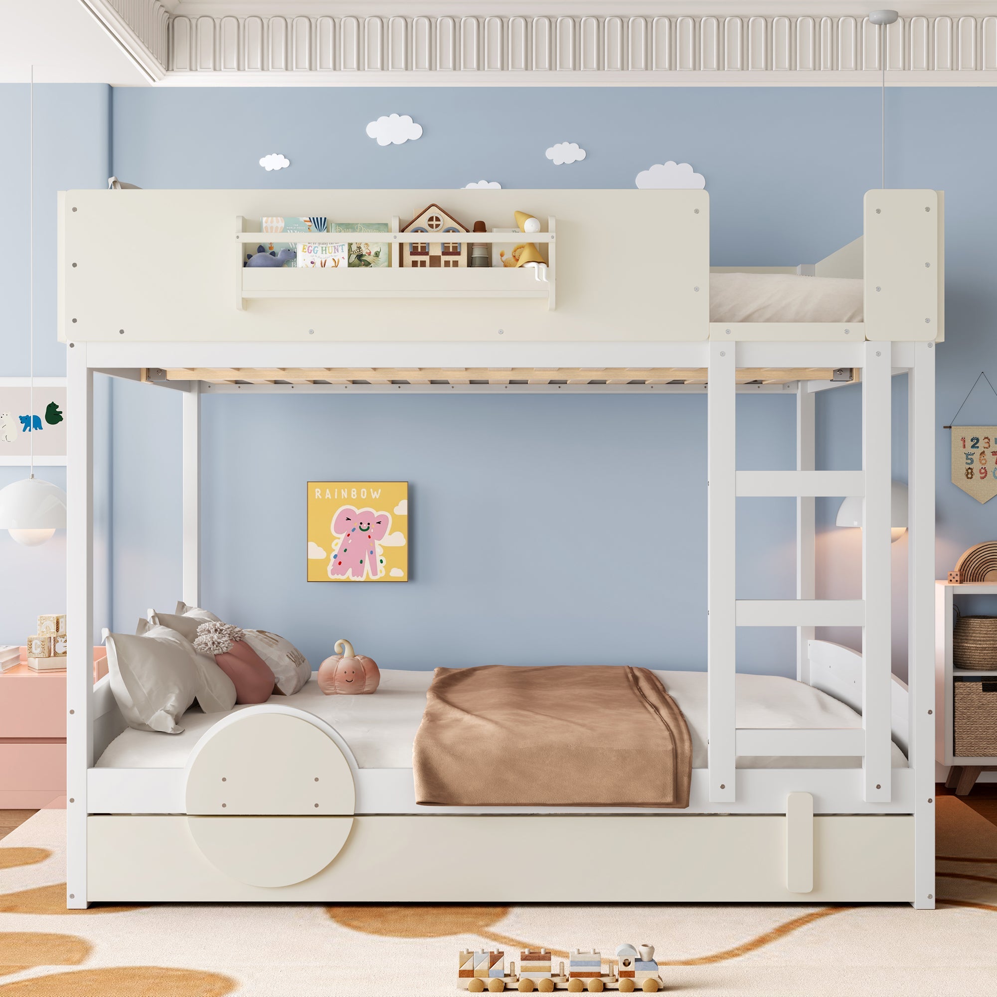 Queen Bunk Bed with Trundle , Wood Bunk Bed Frame with Built-in Bookshelf and High-quality Safety Guardrail,Automobile Form Design for Kids ,White＆ Beige.
