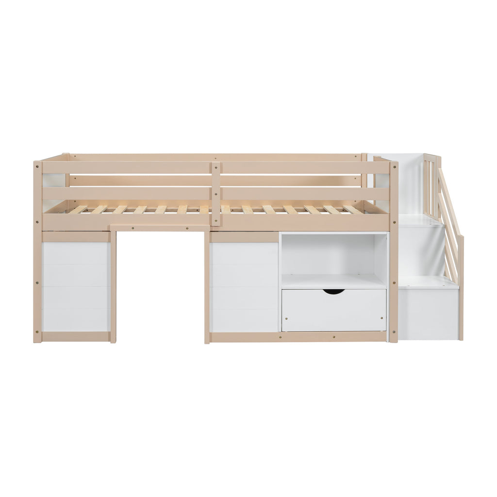 SOLID WOOD TWIN SIZE LOW LOFT BED WITH STAIR, DRAWER, AND SHELF FOR CREAM + WHITE COLOR