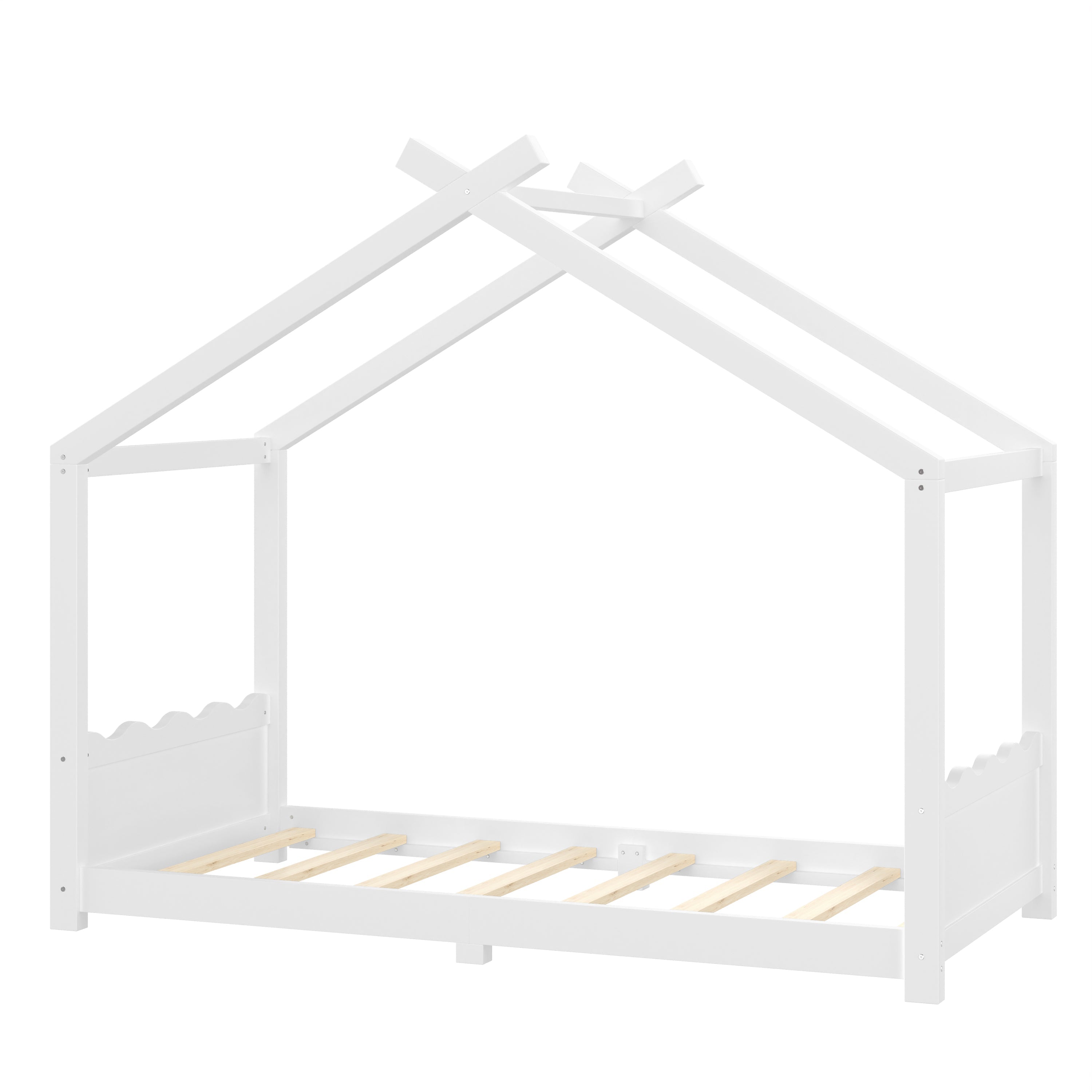 Twin House Floor Bed with Support Slats, Solid Wood House Bed Frame for Kids, No Box Spring Needed and Opening Constructure, White