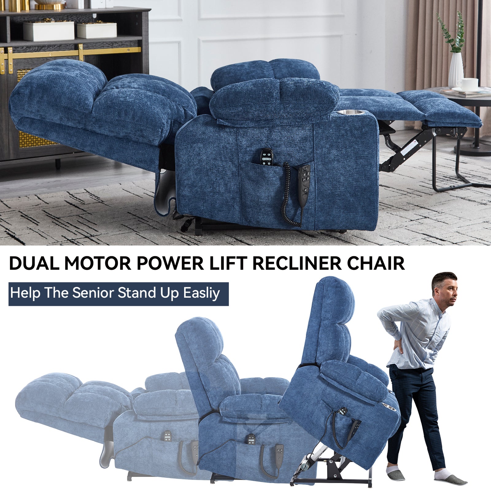 Blue Dual Motor Infinite Position Up to 350 LBS Chenille Power Lift Recliner Chair, Heavy Duty Motion Mechanism with 8-Point Vibration Massage and Lumbar Heating, Dual Cup Holders