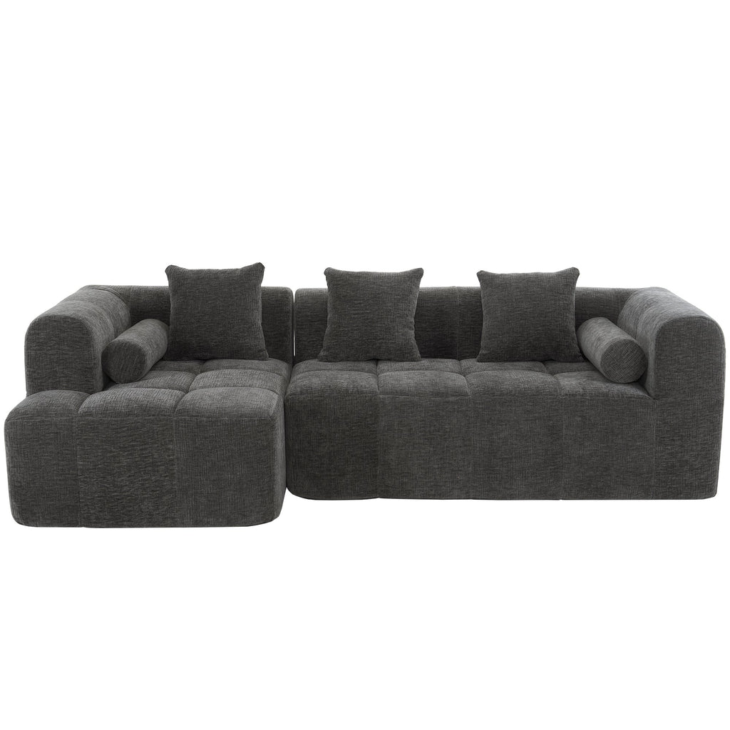 Modern Grey Modular Sectional Sofa with Deep Seating and Side Pockets in Chenille Fabric