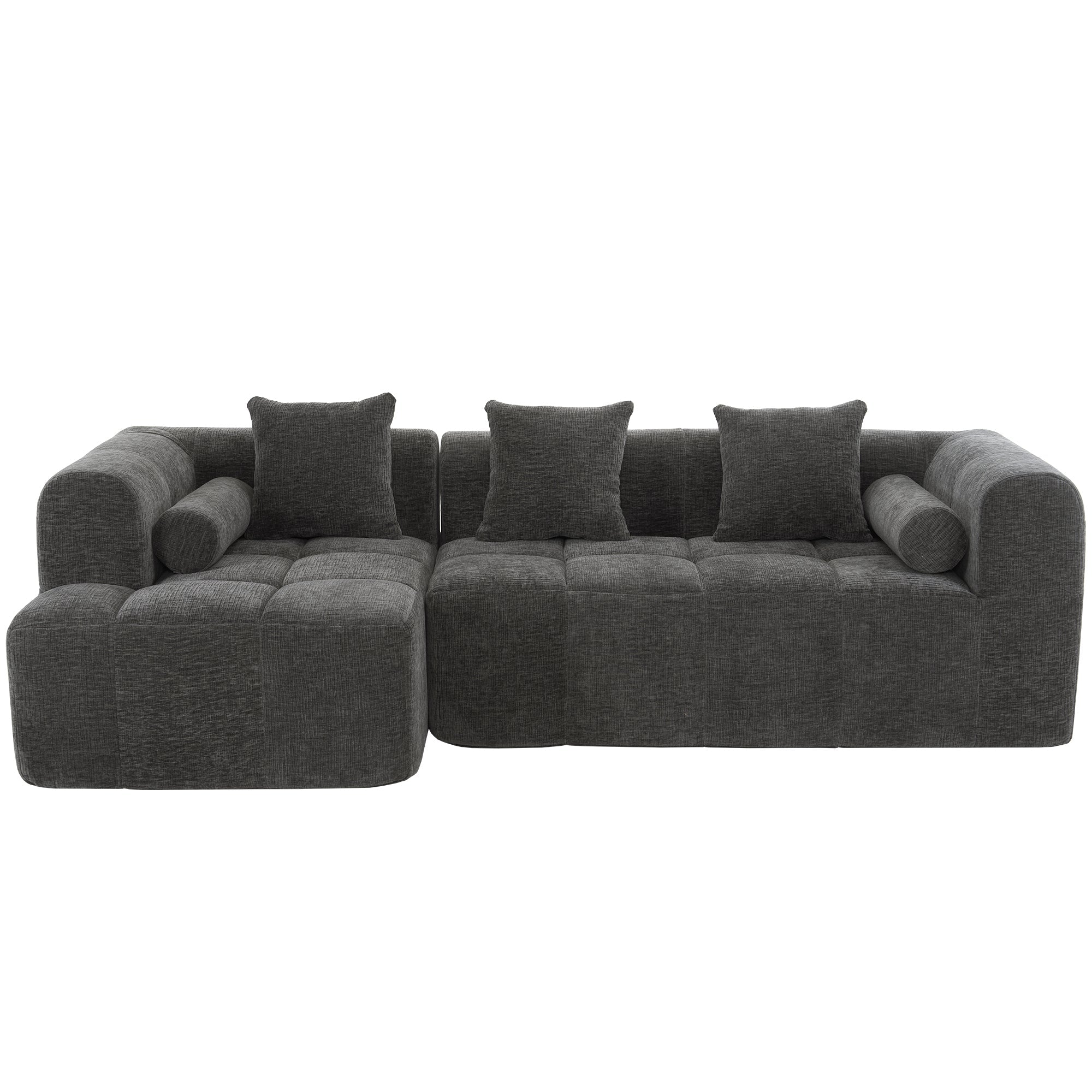 Modern Grey Modular Sectional Sofa with Deep Seating and Side Pockets in Chenille Fabric