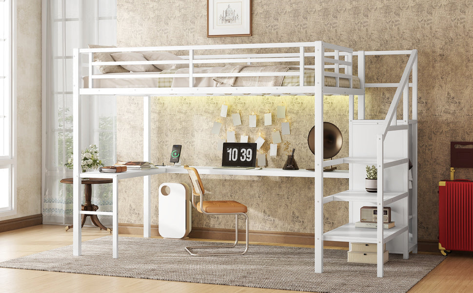 Full Size Loft Bed with L-shaped Desk and USB, Metal Loft Bed with Wardrobe and Adjustable Shelf, High Loft Bed with LED for Kids Teens Adults, White