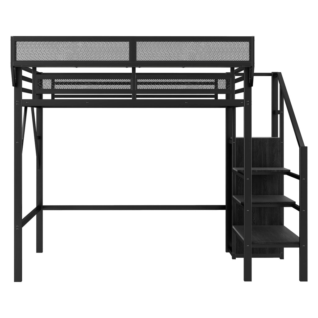 Twin XL Size Loft Bed with Stairs, Metal Full Loft Bed with Storage Shelves, High Loft Bed with Wardrobe for Kids Teens, Black(Expect Arrival Date 2025/10/14)