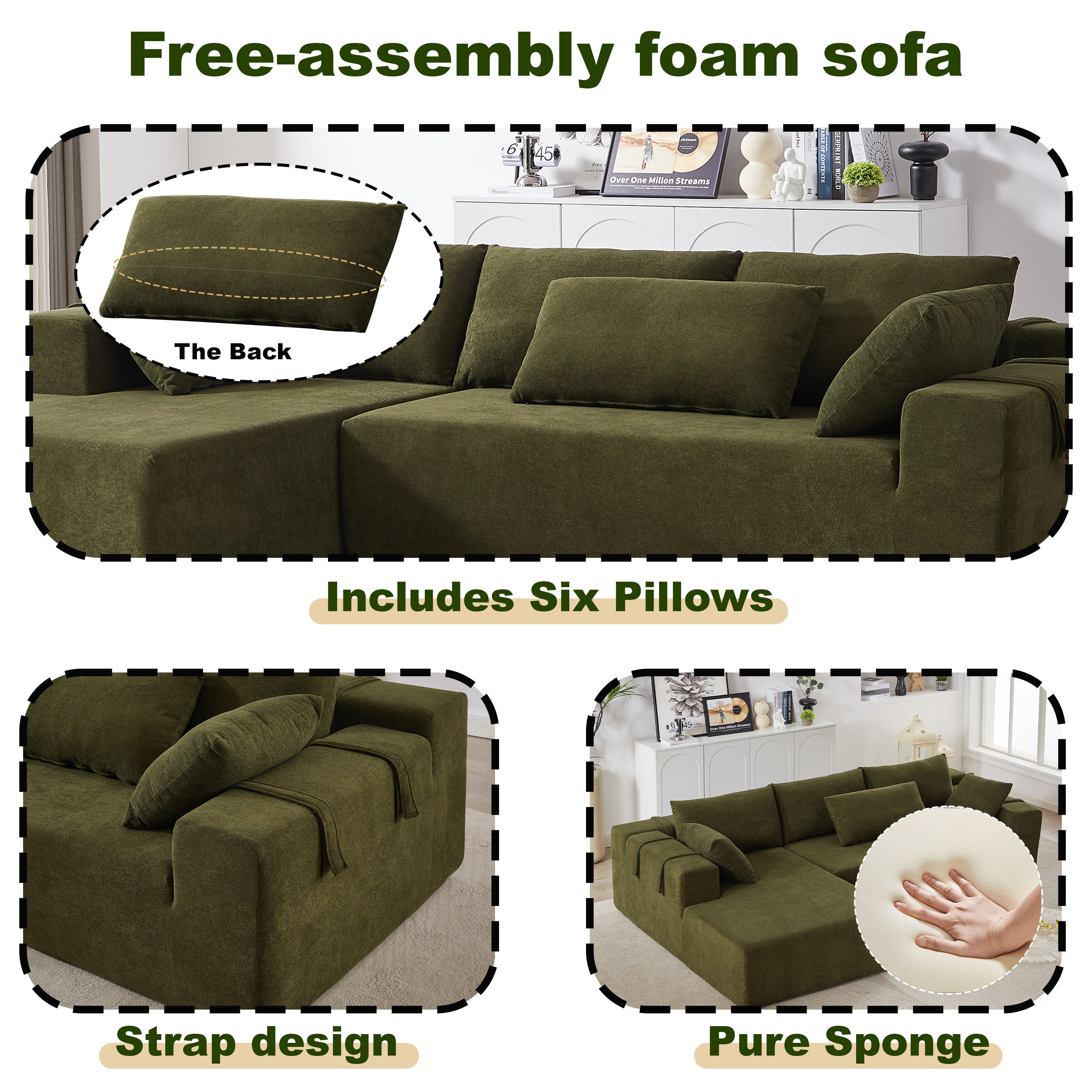 Modern Chenille Upholstered Sectional Sofa Couch Set,Modular 108' L Shaped Sectional Living Room Sofa Set With 6 Pillows,Free Combination Sofa Couch for Living Room,Bedroom(Right Chaise)