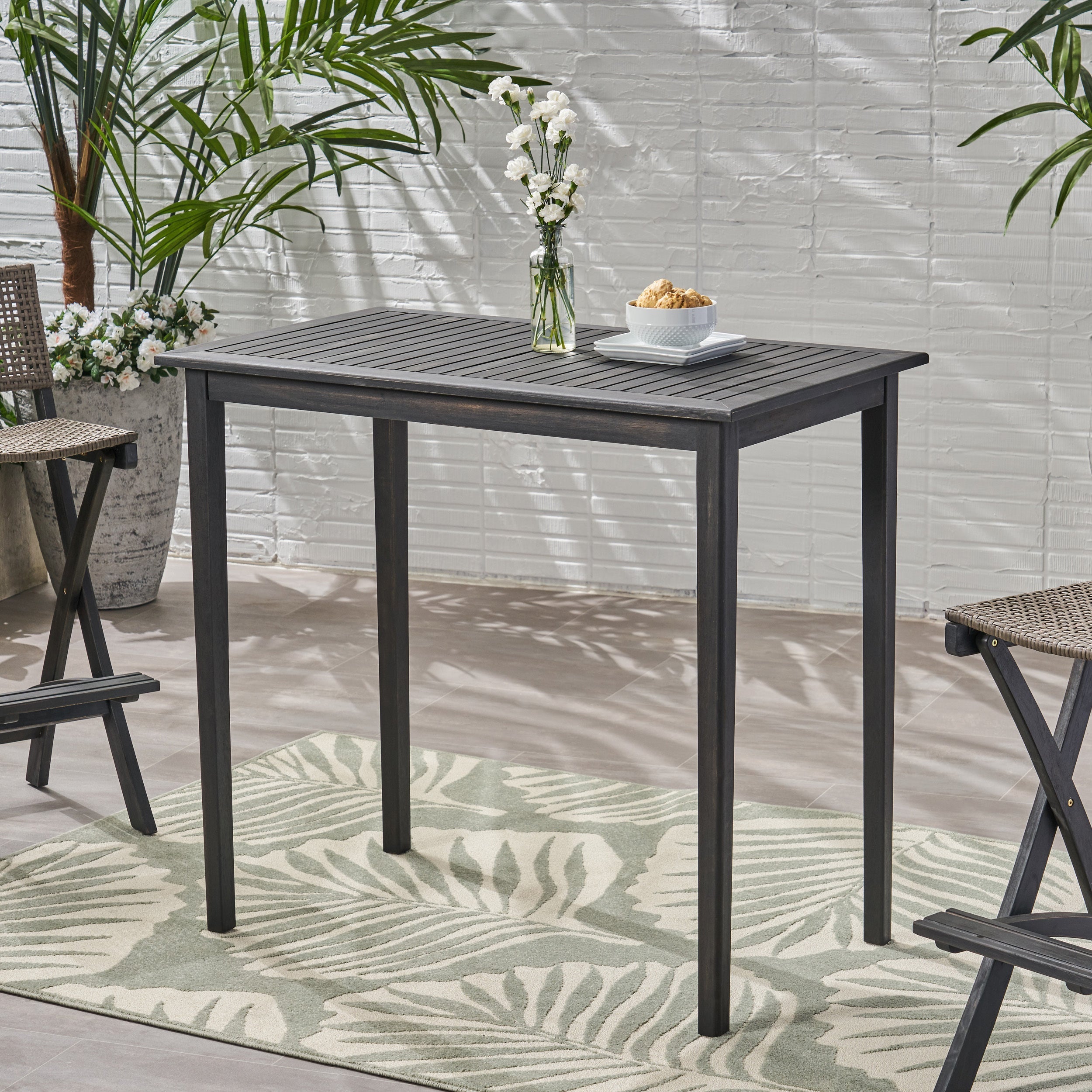 Outdoor Minimalist Acacia Wood Rectangle Bar Table - Dark Gray Finish 45x26 Inches