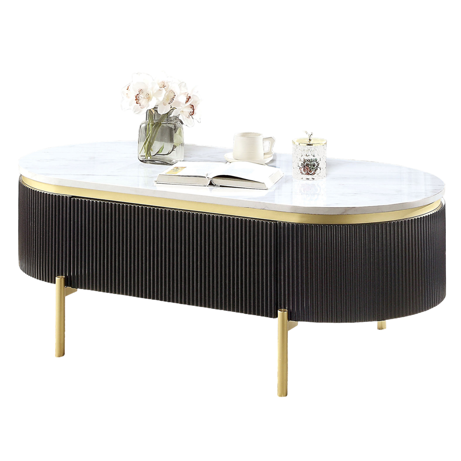 Gorgeous Dark Walnut Finish 1pc Coffee Table White Faux Marble Top Living Room Table W Drawer