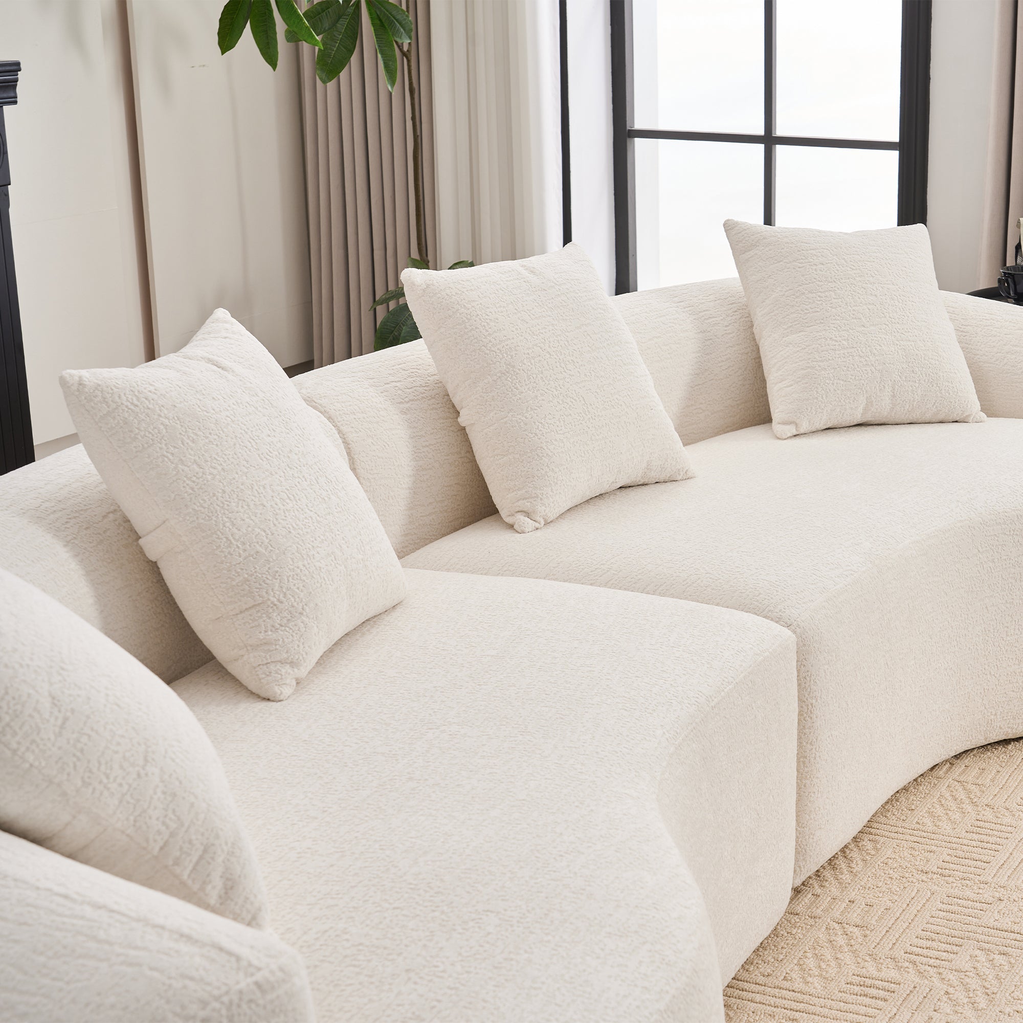 LY-025 Full Compression Sponge Sofa Cloud White Curved Modular Sectional 30D High-Density Chenille Sleeper Couch 110'L