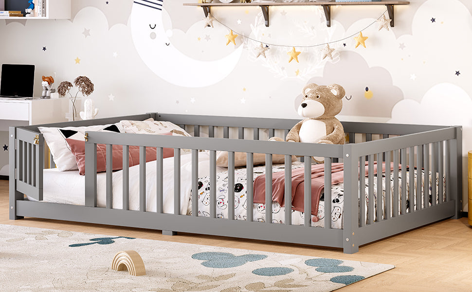 Full Size Bed Floor Bed with Safety Guardrails and Door for Kids, Gray(Old SKU: W1580P154626)