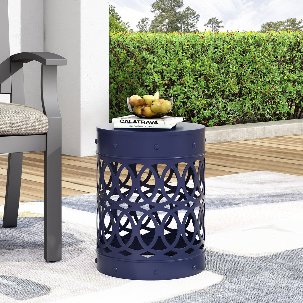 Contemporary Outdoor Metal End Table with Modern Design in Navy Blue Iron Material - Large Size