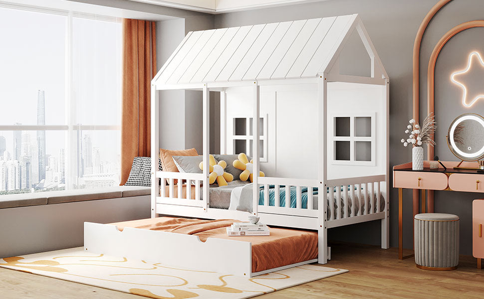 Twin Size Wood House Bed With Twin Size Trundle, Wooden Daybed, White