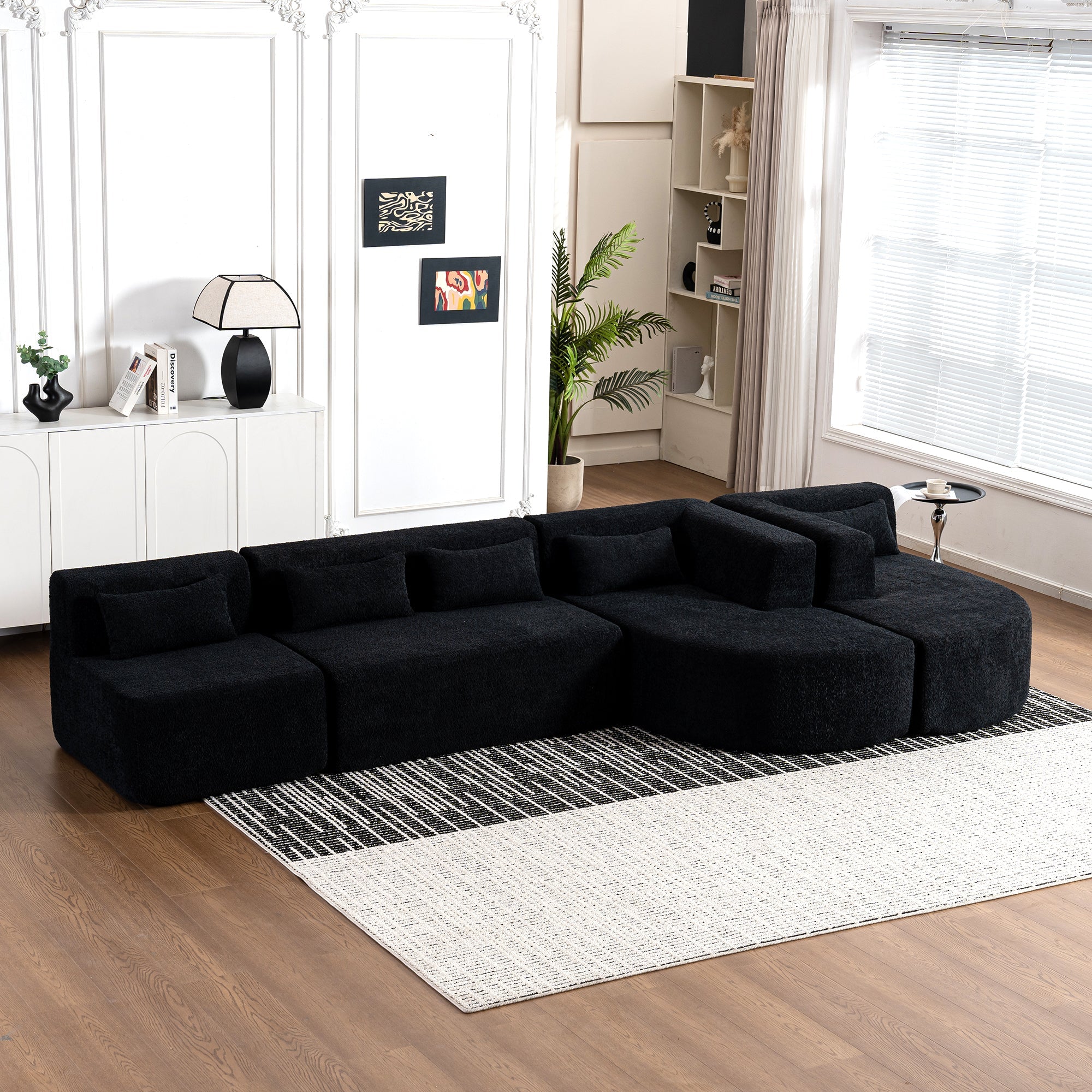 144' Upholstered Sofa Free-combined Sofa Couch with Two Chaise Lounge and Five Back Pillows for Living Room(Old SKU: N719S001600B), Black