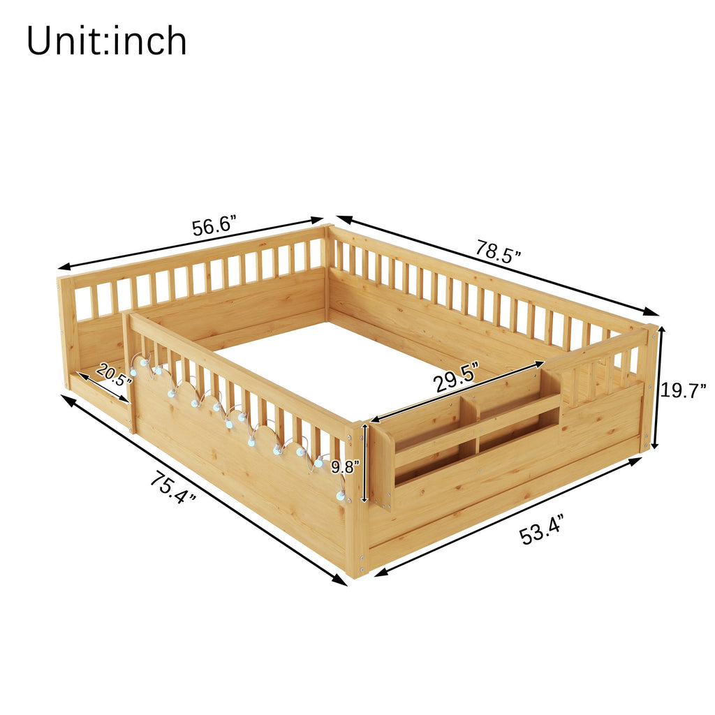 Full Montessori Floor Bed Frame with High Rails, Wood Kids Floor Beds with Light and Storage Shelf, Natural (Expect Arrival Date 2025/8/15)