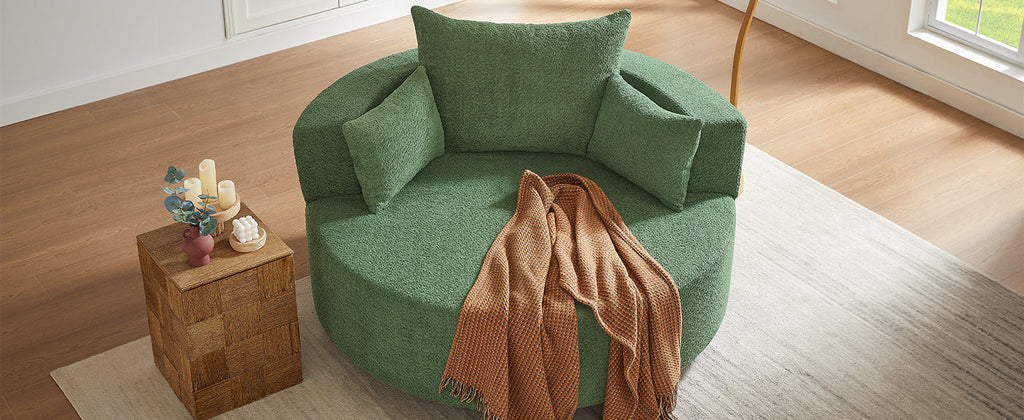 Modern 360° Swivel Accent Barrel Chair with Removable Pillows in Green Chenille for Living Room and Office