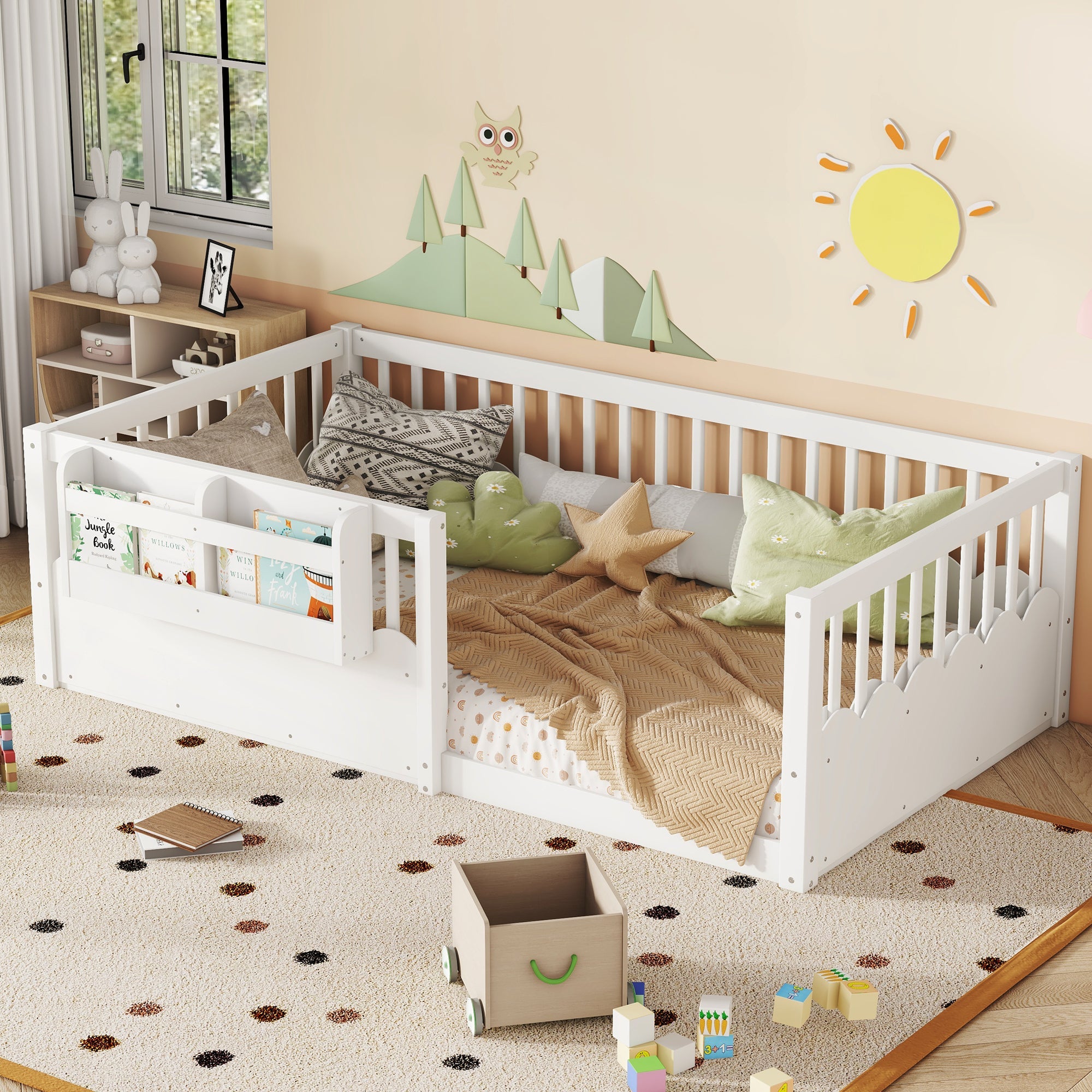 Twin Floor bed with Heightened Fence and bookshelf ,Wood Floor Bed for Kids, White.