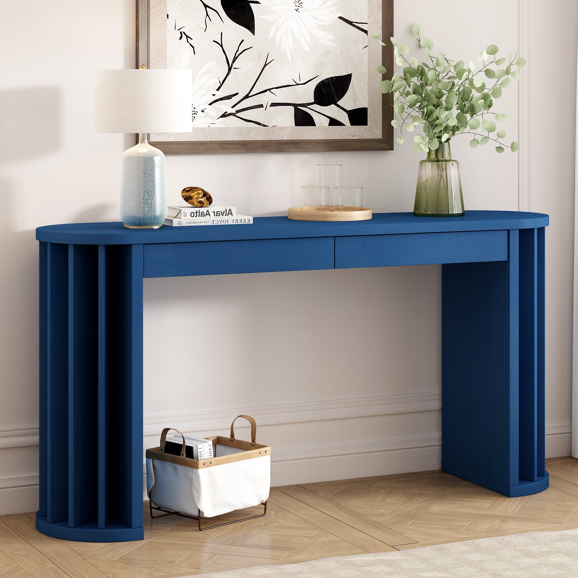 U_Style 59-inch Long Console Table,Oak Veneer Sofa Table,Curved and Straight Line Design,Behind the Couch, Farmhouse Entryway Table for Entrance, Hallway, Living Room (Navy Blue)