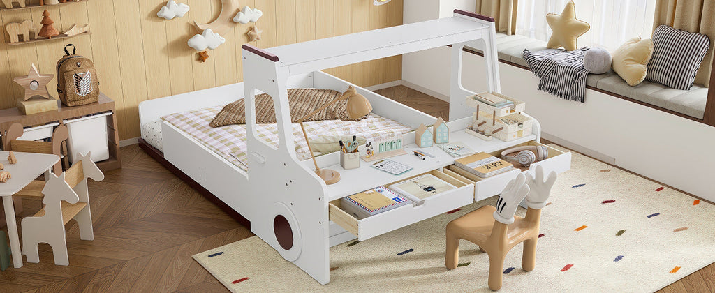 Full Size Floor Bed with Interesting Car-shape Design, Kids Car Floor Bed with Storage Drawers, Window, and Desk, Childlike Design, White