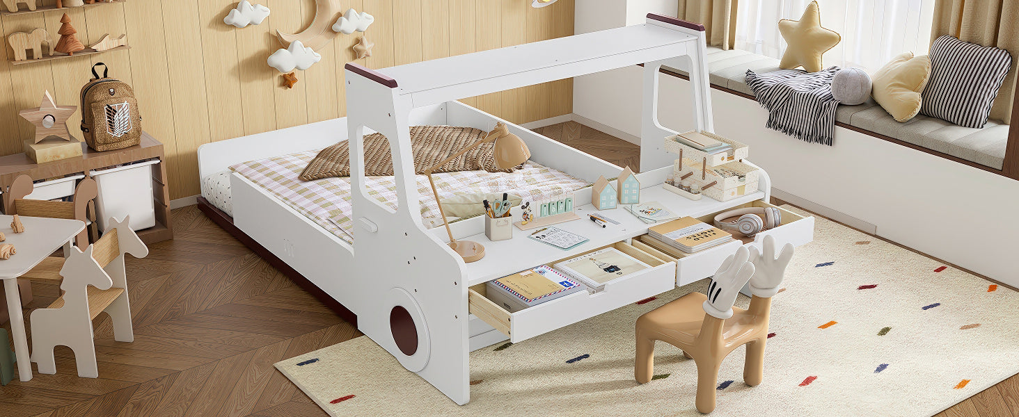Full Size Floor Bed with Interesting Car-shape Design, Kids Car Floor Bed with Storage Drawers, Window, and Desk, Childlike Design, White