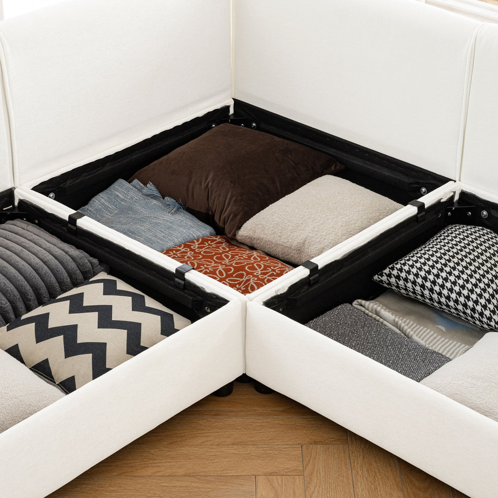 Modular Sectional Sofa with Storage, Cylindrical Backrest and Armrests Deep Comfortable Seating,Durable and Supportive for Living Room,4 Seat L- Shaped Sofa, White