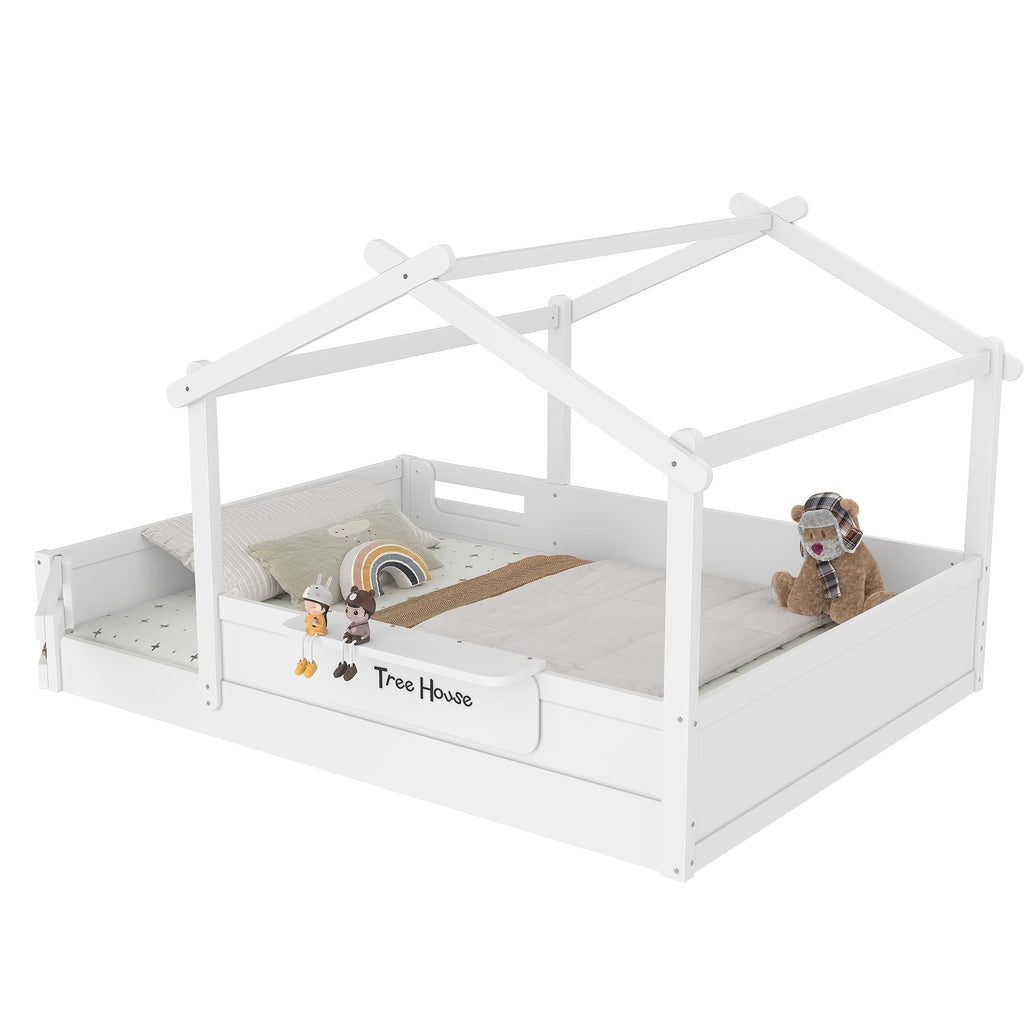 Queen Size Floor Bed with Guardrails and Roof, Kids House Floor Bed with a Small Built-in Tray and Free-installed Signboard, Childlike Design, White