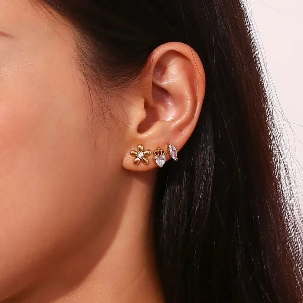 3 Pairs 18K Gold Plated Mini Zircon Flower Stud Earrings for Women