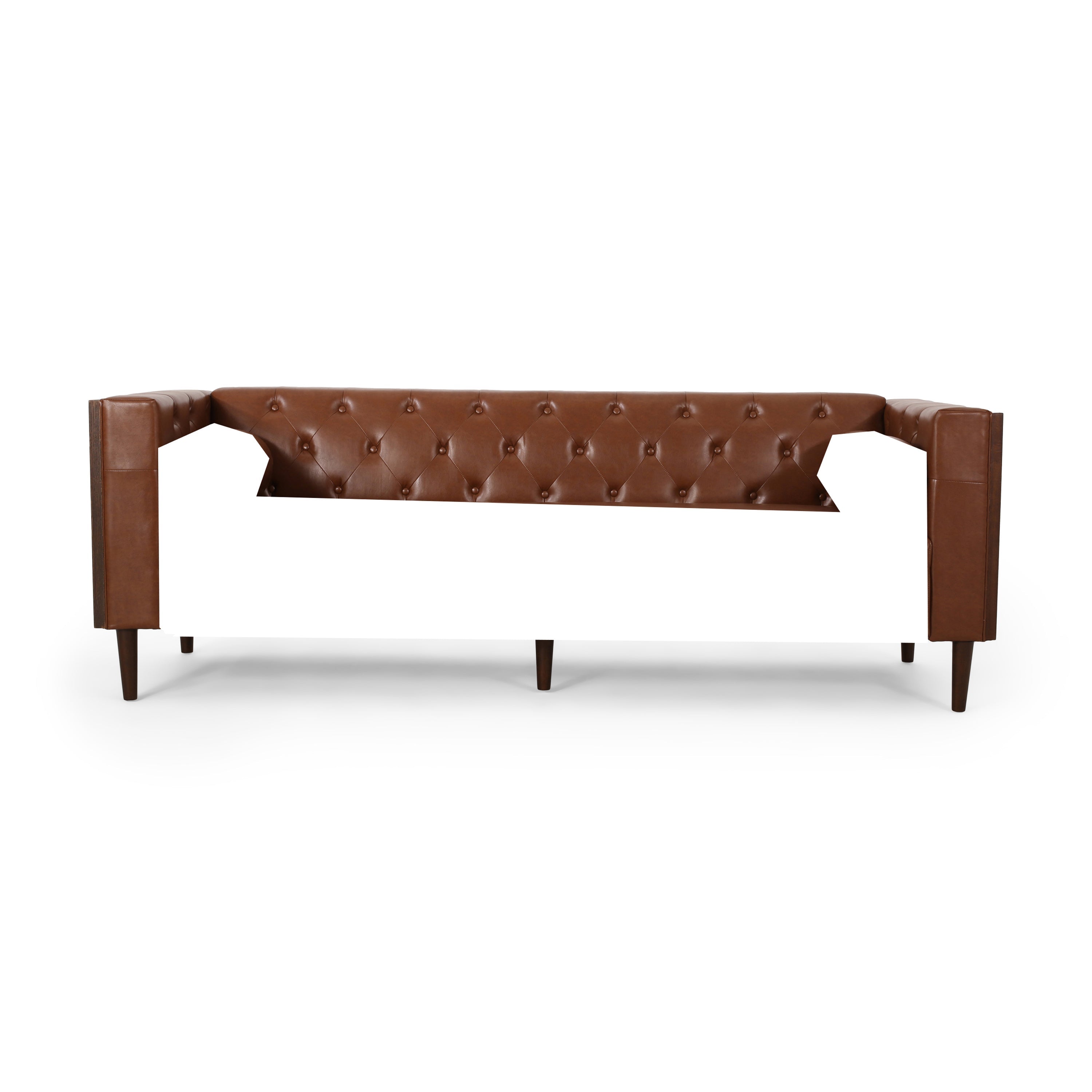 Contemporary 3-Seater Sofa with Tufted Design in Light Brown PU and Wood Accents