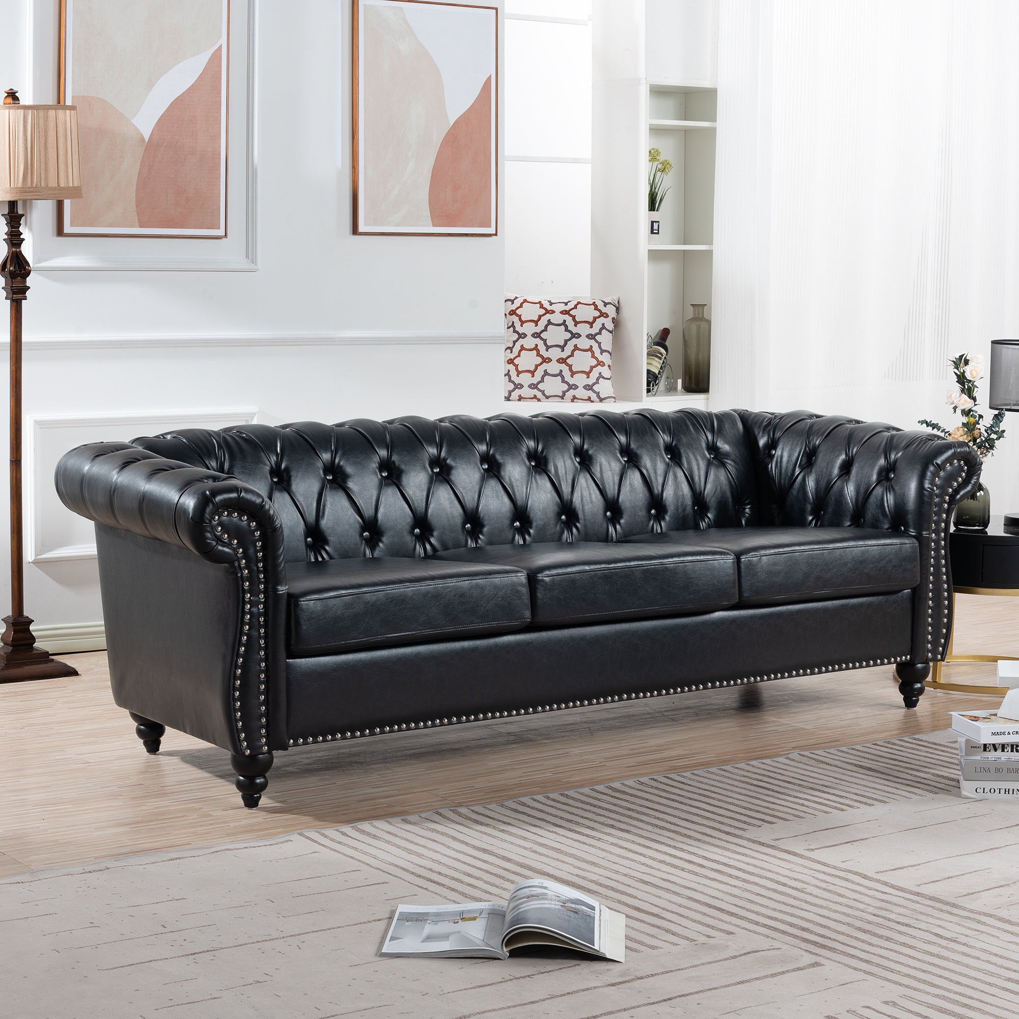 84.65" BLACK PU Rolled Arm Chesterfield Three Seater Sofa
