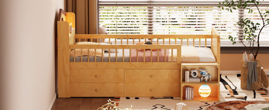 Low Loft Bed with LED Lights, Wooden Twin Loft Bed with House Shape Headboard, Kids Loft Bed with Storage Drawers, Natural (Expect Arrival Date 2025/1/20)