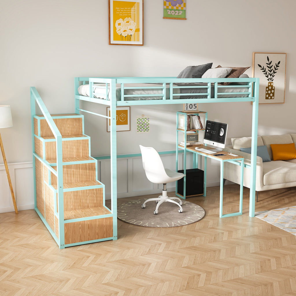 Heavy Metal Frame Full Loft Bed with Desk & Storage, 4 Cabinets, Staircase, Rack Space-Saver for Kids/Teens, Green Color