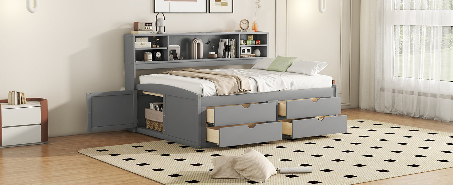 Full Size Wood Daybed with 2 Bedside Cabinets, Upper Shelves and 4 Drawers, Gray