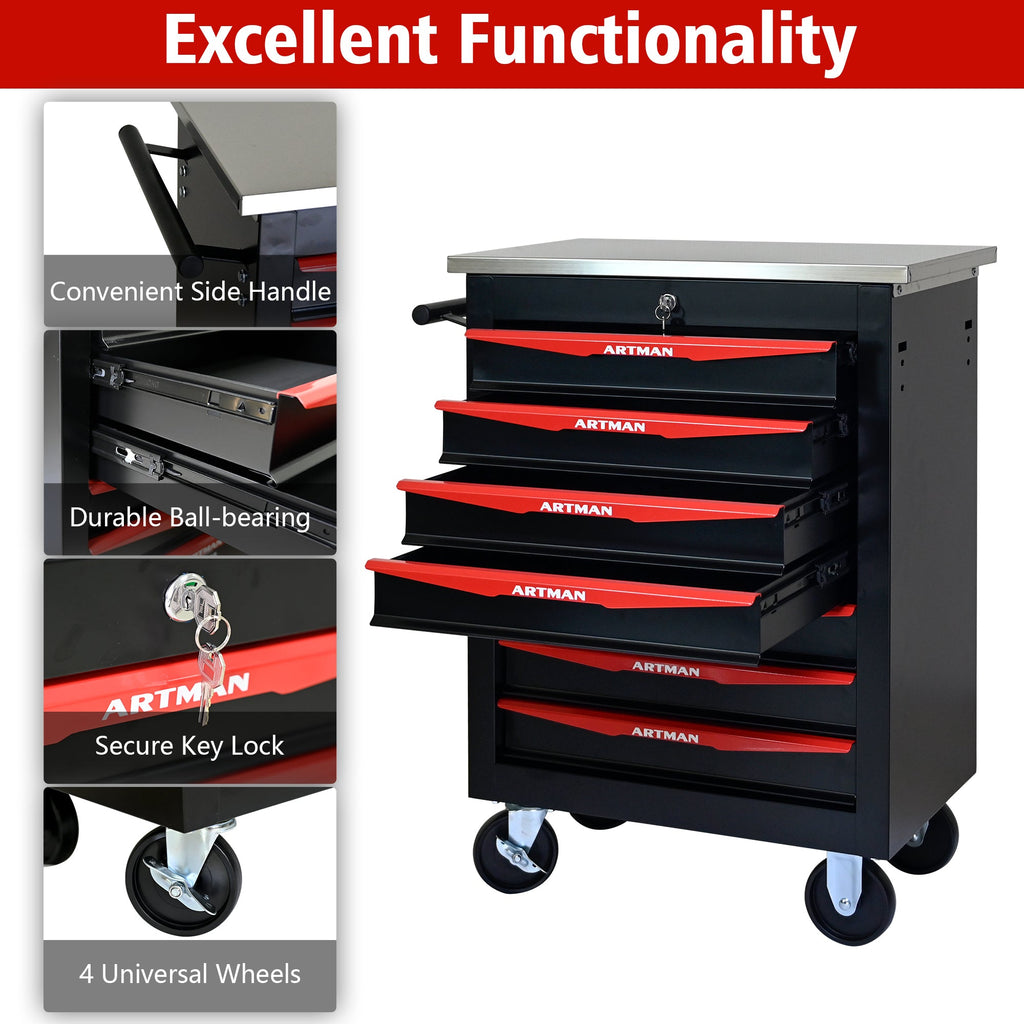 7-Drawer Multifunctional Tool Cart with Wheels, Metal Rolling Tool Cart Storage for Garage Workshop Warehouse Repair Shop - with Stainless Steel Roof - Black & Red